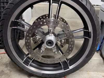 21” Enforcer Motorcycle wheel and tire combo ready for install