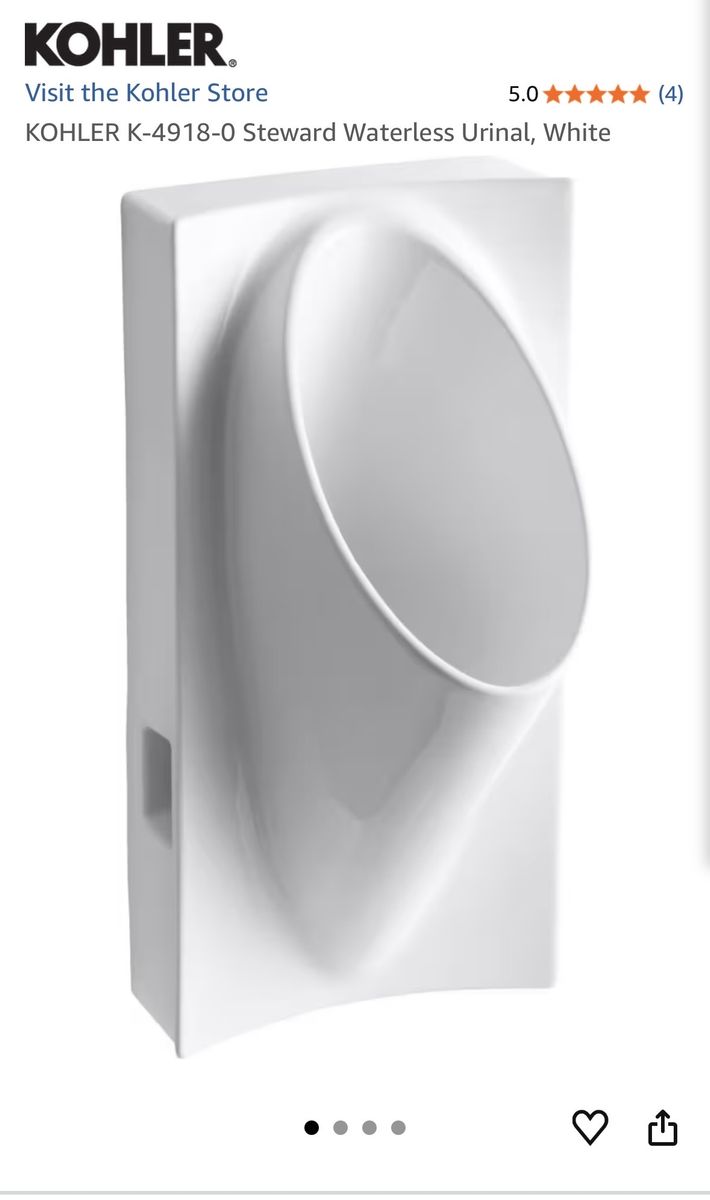 KOHLER K-4918-0 Steward Waterless Urinal - White, Cartridge-Free, Splash-Free, Water Saving