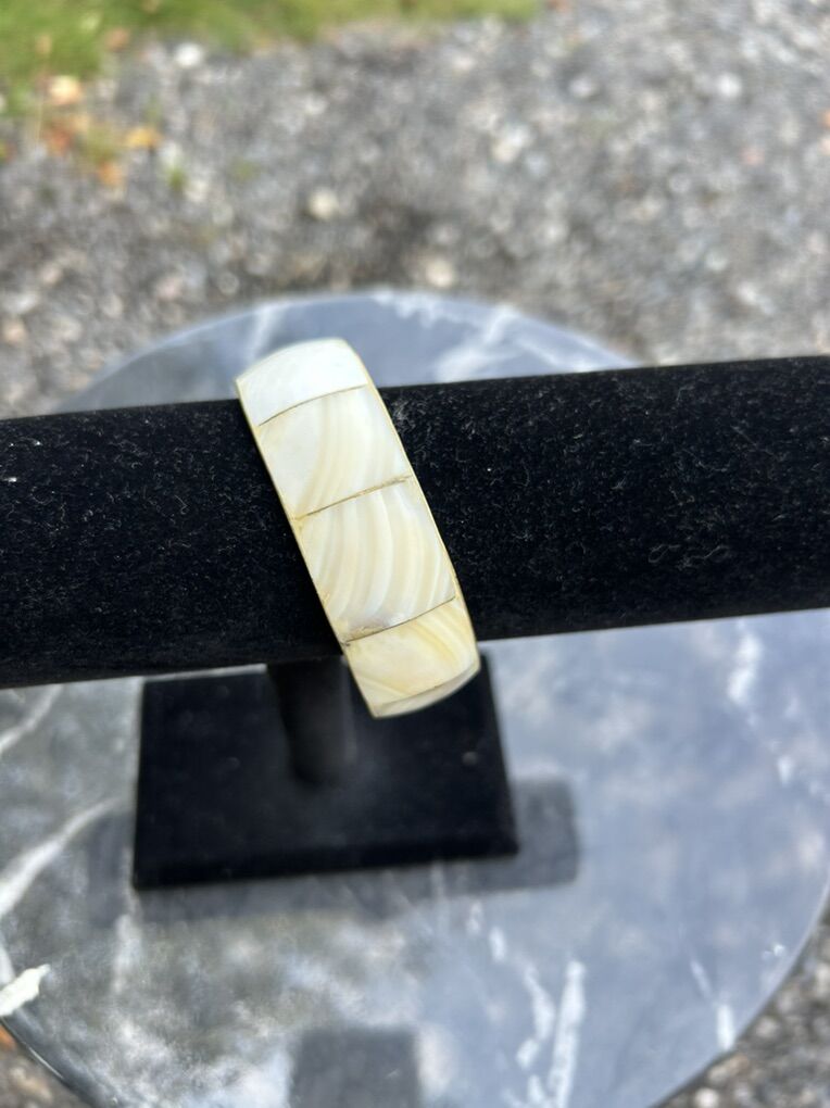 Vintage 70s Brass Inlaid Mother Of Pearl Bracelet