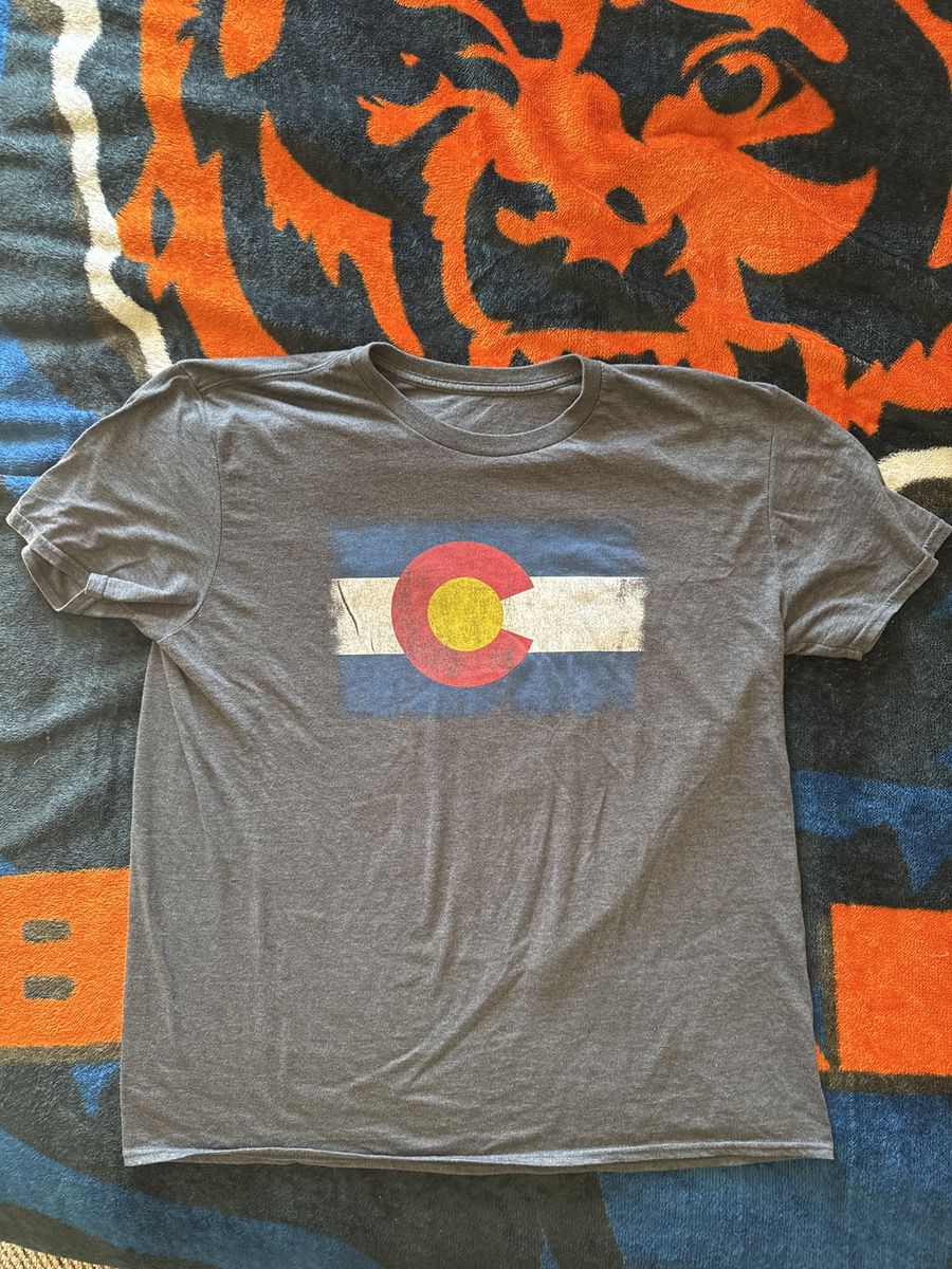 Gray Colorado Flag Graphic T-Shirt - Size Large - Short Sleeve, Crew Neck, Distressed Look