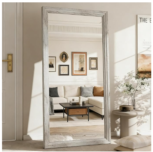Mirror, 71 x 32 Inch Wall Mounted | Vertical Hanging, Leaning Standing for Bedroom, Living Room, Wooden Frame, Rustic White
