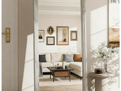 Mirror, 71 x 32 Inch Wall Mounted | Vertical Hanging, Leaning Standing for Bedroom, Living Room, Wooden Frame, Rustic White