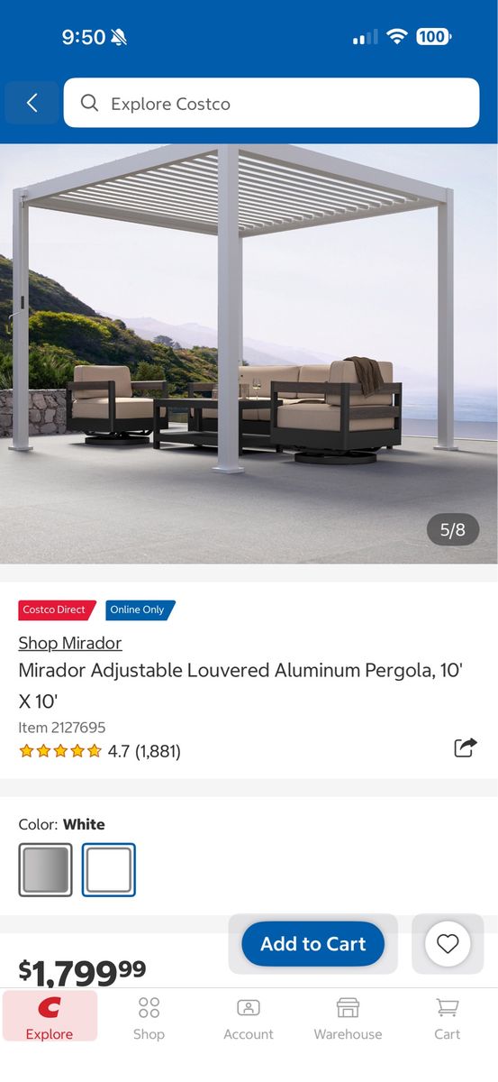 Mirador 10x10 Adjustable Louvered Aluminum Pergola - White, New in Box