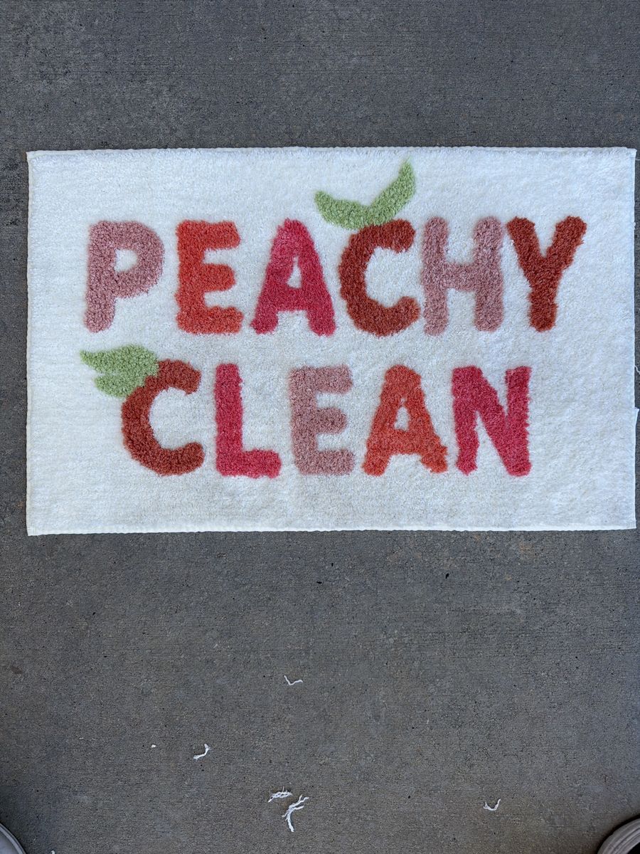 Peachy Clean Bath Mat 100% Polyester White with Colorful Lettering