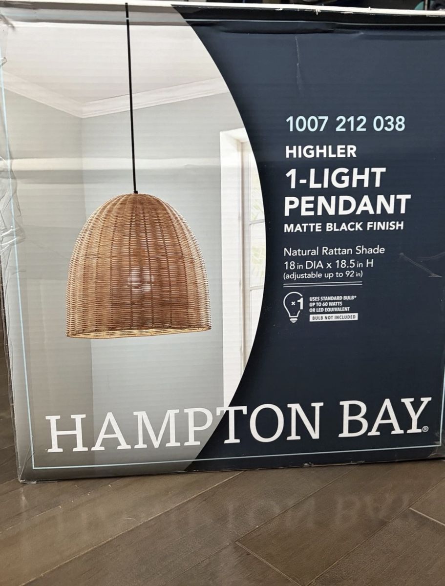 Hampton Bay Highler 1-Light Natural Rattan Pendant, 18" Dia, Matte Black Finish