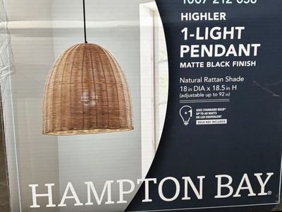 Hampton Bay Highler 1-Light Natural Rattan Pendant, 18" Dia, Matte Black Finish
