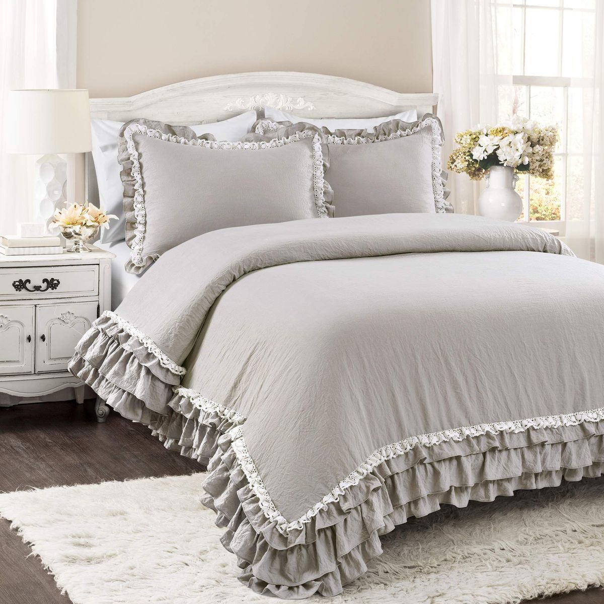 New! Lush Decor Ella Ruffle Lace Comforter, 3 Piece Set, King, Light Gray - Cute Comforter - King Bedding Set - Gray Bedding 