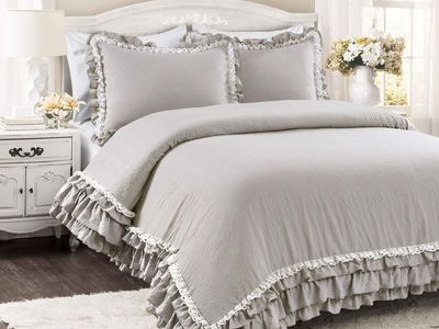 New! Lush Decor Ella Ruffle Lace Comforter, 3 Piece Set, King, Light Gray - Cute Comforter - King Bedding Set - Gray Bedding