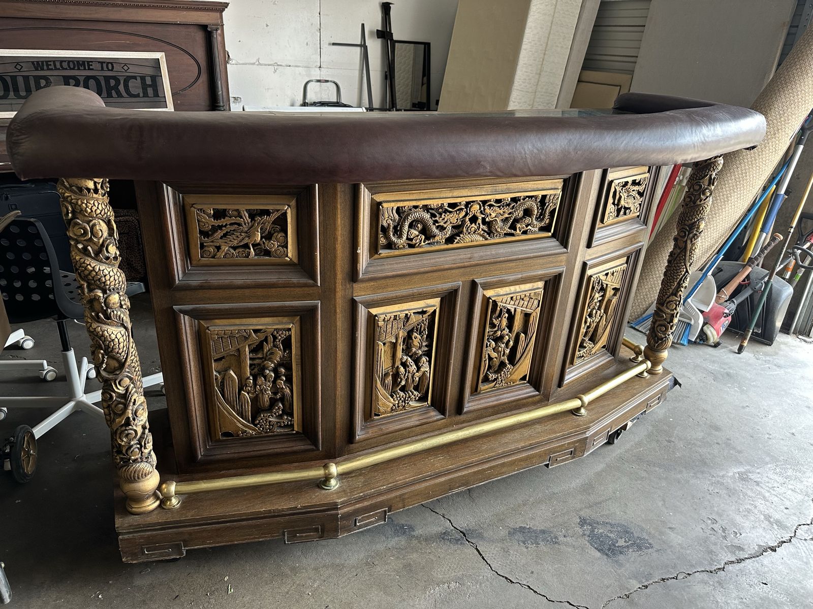 Beautiful Hand Carved Bar with Green Marble Top