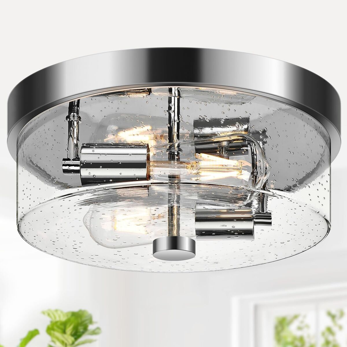 2-Light Flush Chrome Ceiling Mount with Seeded Glass Lampshade