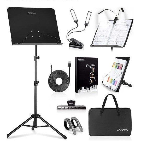 CAHAYA Portable Sheet Music Stand with Lights & Accessories - Black, Adjustable Height