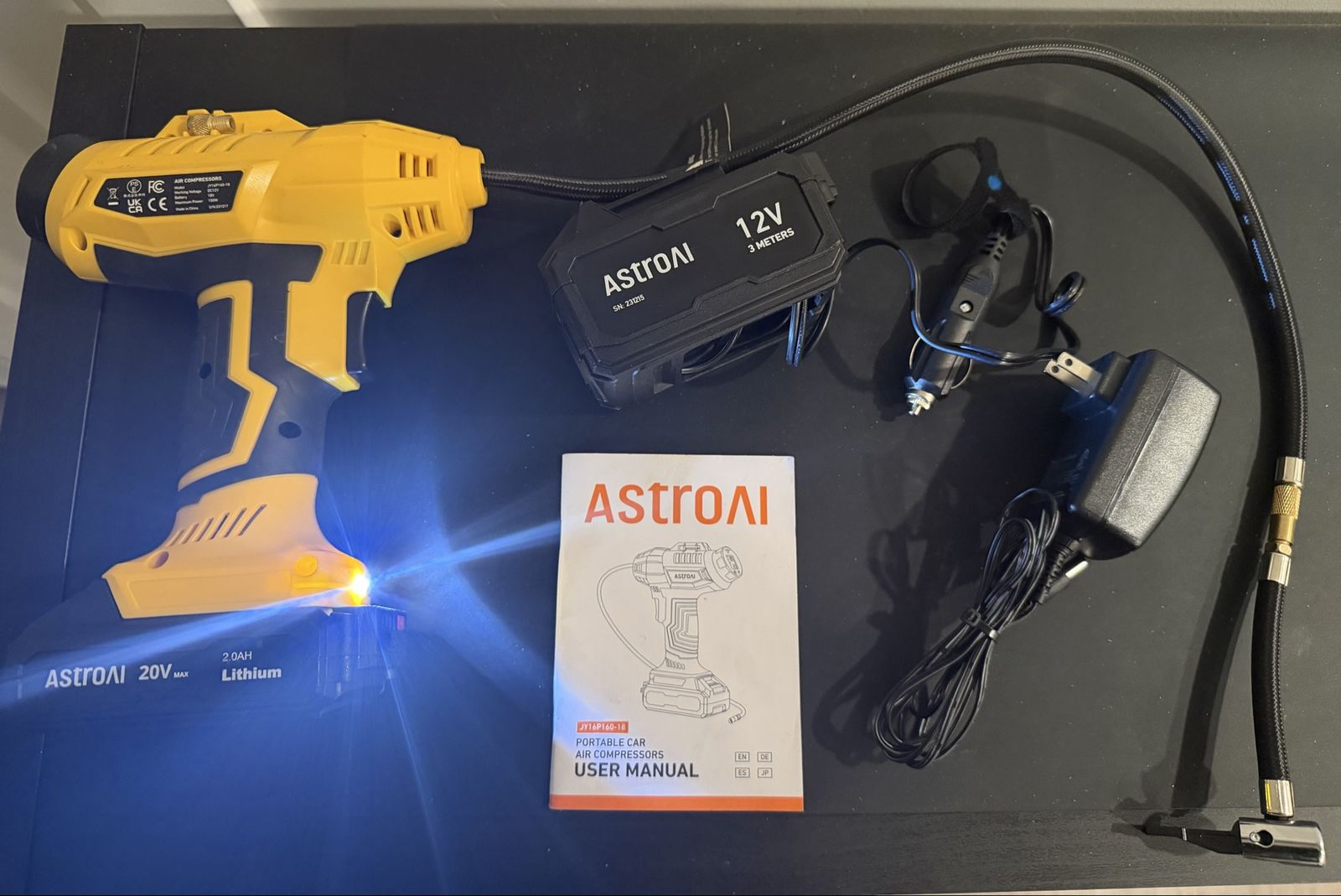 ASTROAI Portable Car Air Compressor Tire Inflator 20V Cordless/12V DC, with LED Light