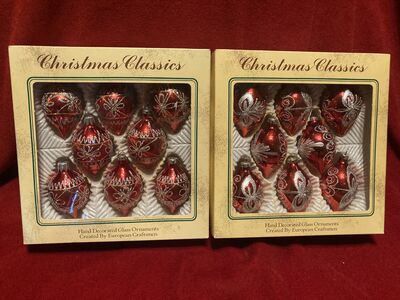 Vintage Hand Decorated Glass Ornaments Red Teardrops With Glitter Design Like New In Box 2 Sets 25 Each