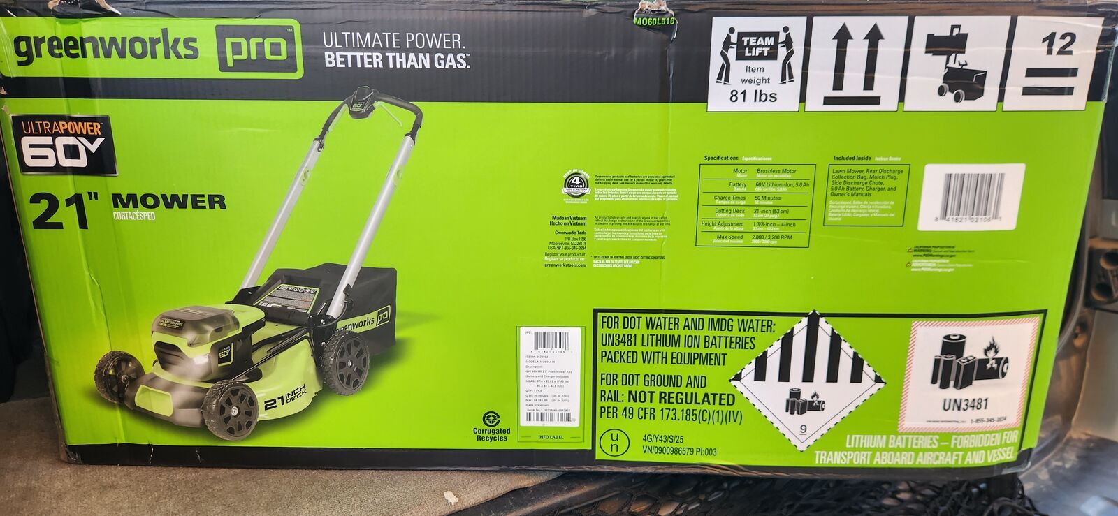 Brand New Greenworks 60V 21" Cordless Lawn Mower