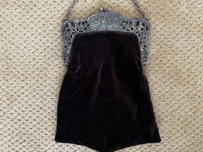 Large Ornate Antique Victorian Dark Brown Velvet Purse/Handbag with Cherubs