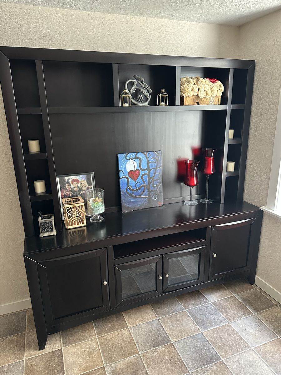 Dark Wood Entertainment Center/Wall Unit with Shelving and Storage Cabinets