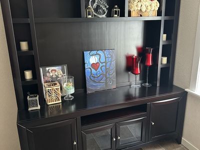 Dark Wood Entertainment Center/Wall Unit with Shelving and Storage Cabinets
