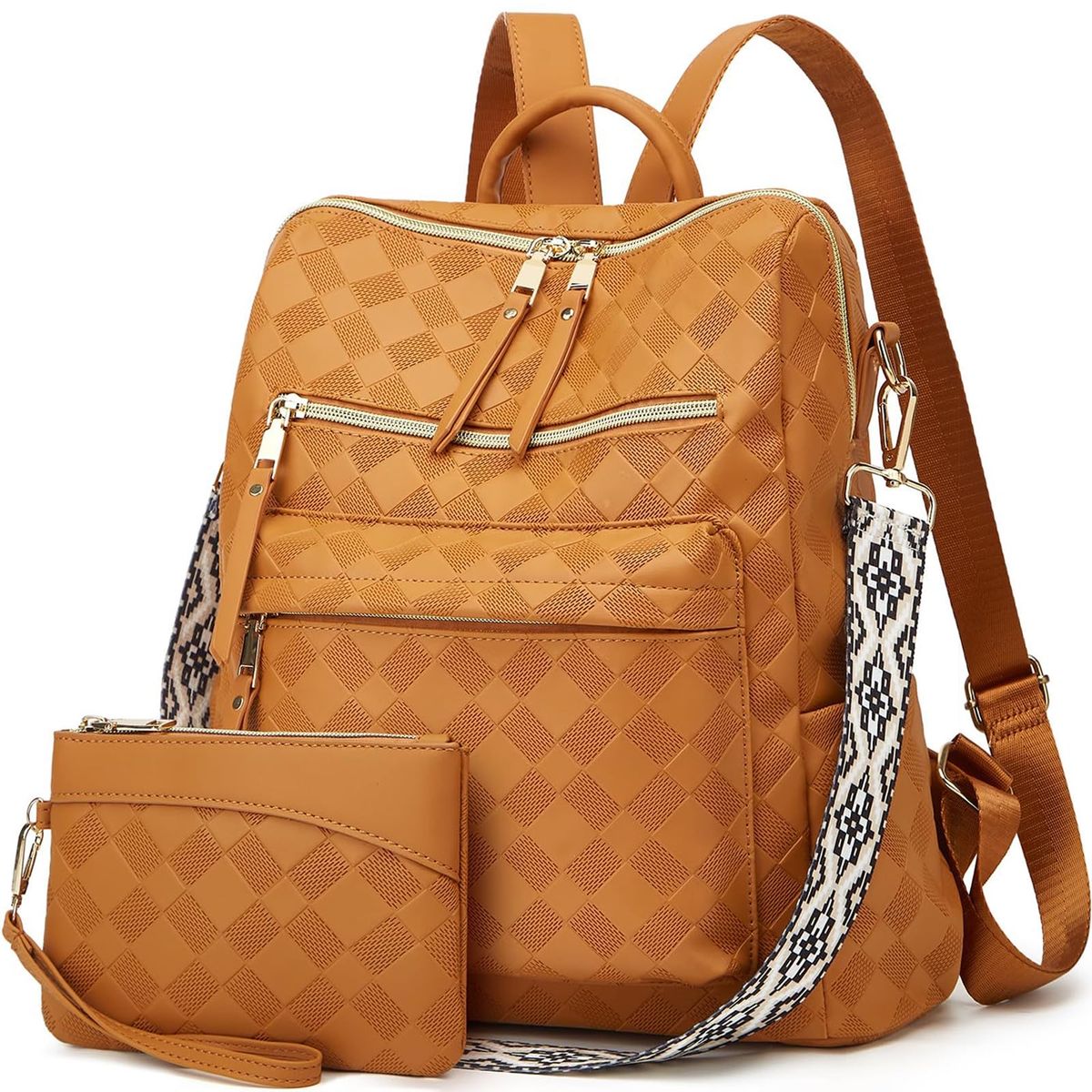 Womens Brown Faux Leather Lattice Backpack Purse with Matching Wristlet Wallet