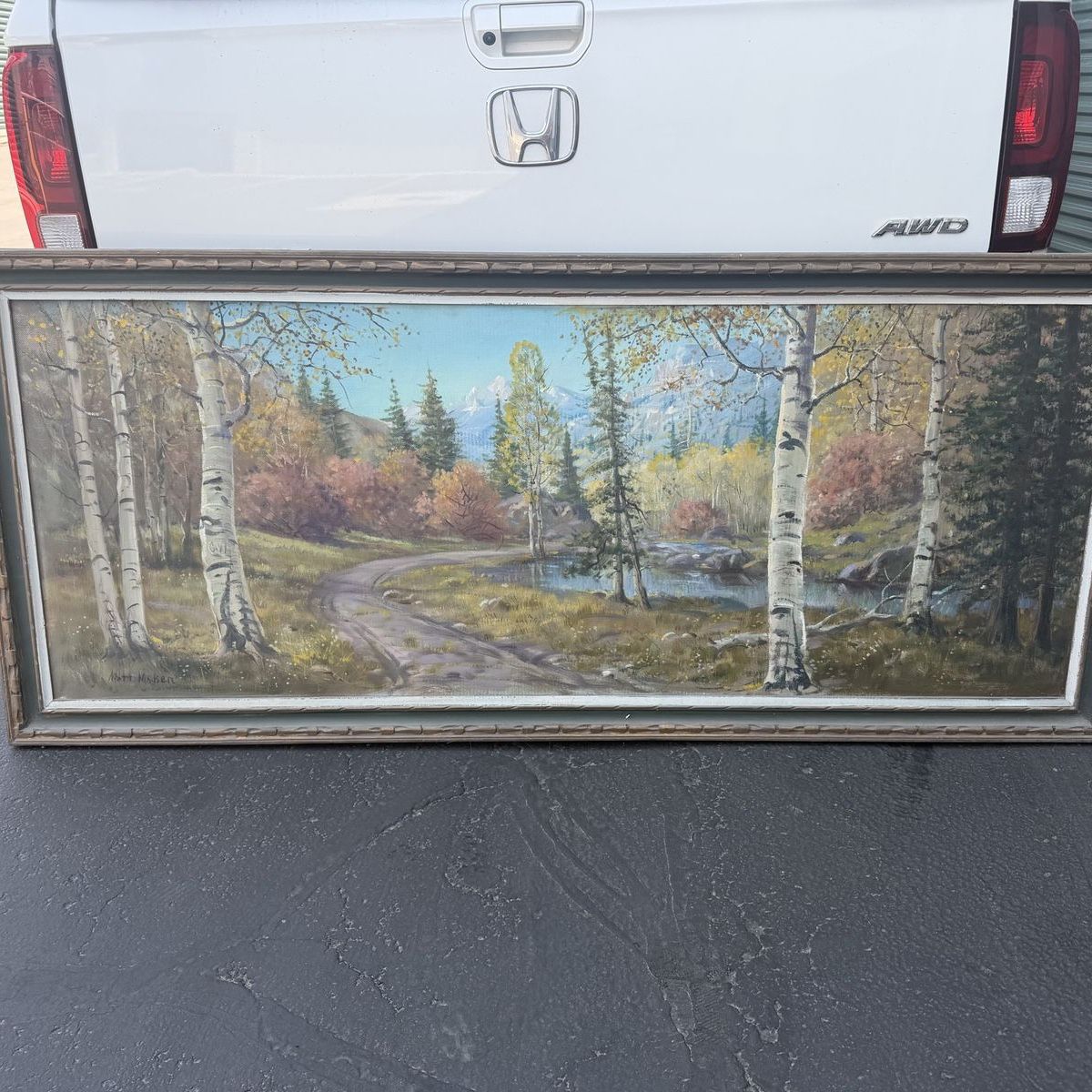 Vintage Framed Landscape Painting Signed by Matt Madsen - Birch Trees & Mountains