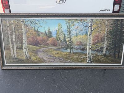 Vintage Framed Landscape Painting Signed by Matt Madsen - Birch Trees & Mountains