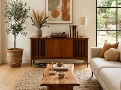 Vintage Mid Century Walnut Stereo Console Record Cabinet w/Brass Hardware, Slatted Speaker Panels & Tapered Legs • Gutted