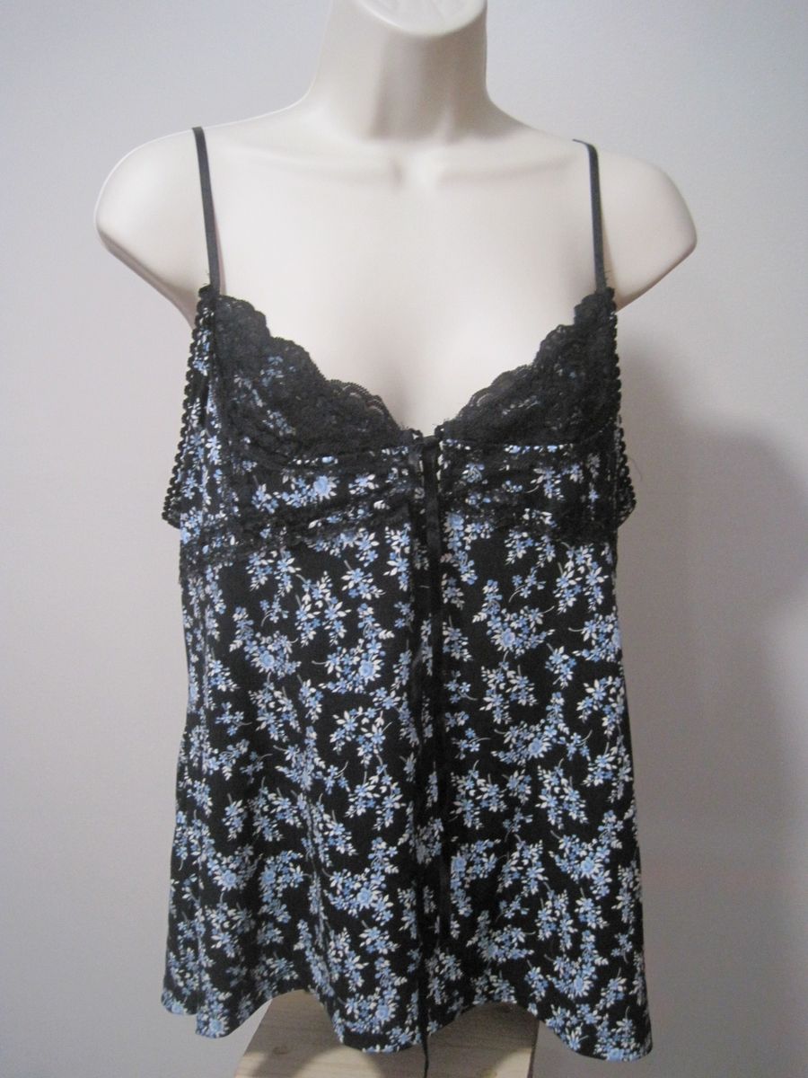 No Boundaries Women’s Camisole Size Medium Black Blue Floral Lace Ribbon String