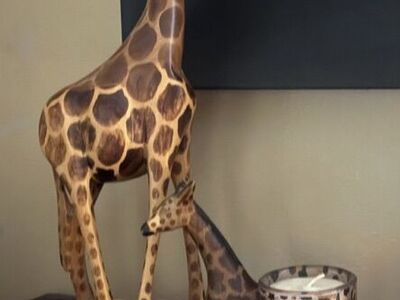 Large Wooden Carved Mother & Baby Giraffes