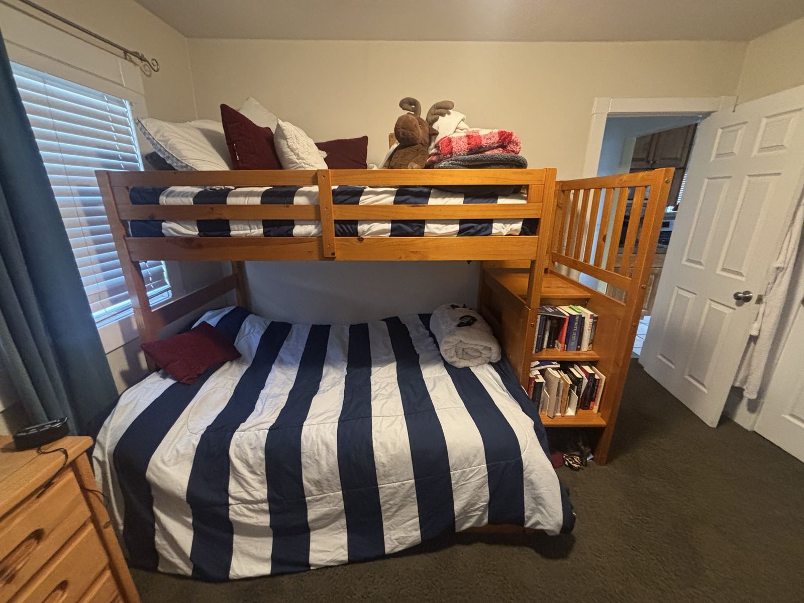 Solid Wood Triple Bunk Bed with Storage Stairs – Twin Over Full + Twin Trundle