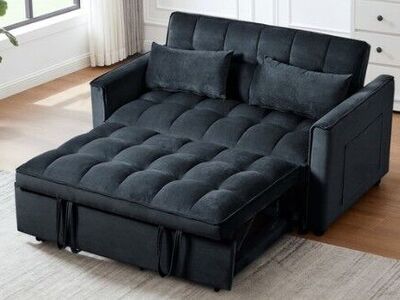 New - 3 in 1 Convertible Sleeper Sofa Bed, Velvet, Adjustable Backrest, Black