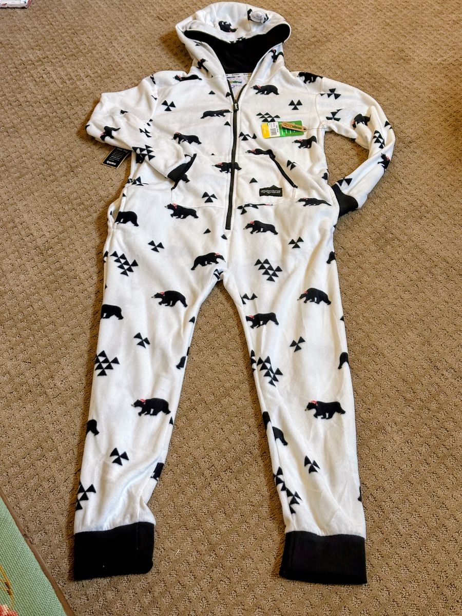 Tipsy Elves Bear Print Hooded Onesie Pajamas Size S White Black