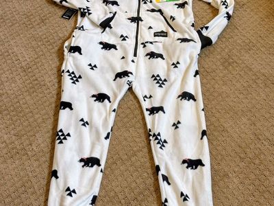 Tipsy Elves Bear Print Hooded Onesie Pajamas Size S White Black