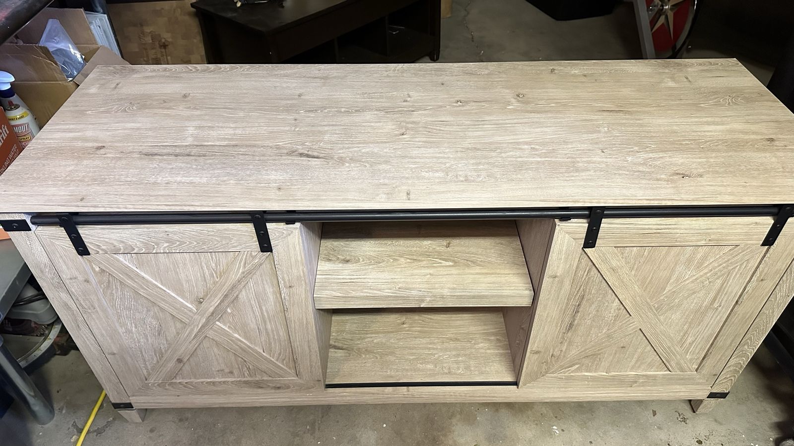 Farmhouse TV Stand Media Console w/ Sliding Barn Doors & Storage Shelves Light Wood