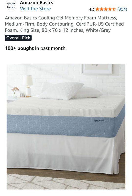 New King Gel Mattress, Amazon Basics Cooling Gel Memory Foam Mattress, Medium-Firm, Body Contouring King Size  80 x 76 x 12 inch