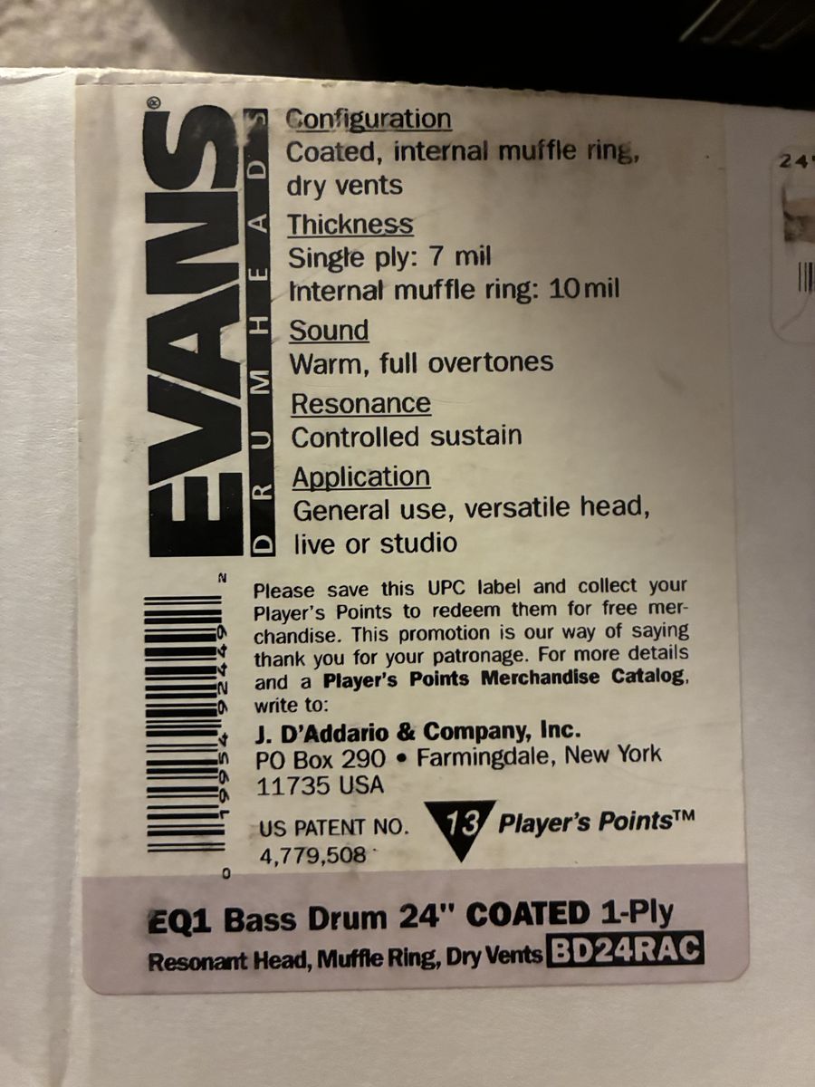 NOS Evans EQ1 Frosted 24 Bass Drum Resonant Heads