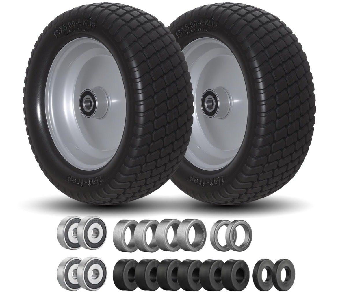 Brand New 13x5.00-6 Flat Free Tires with Wheels with 3/4” Bearings, Bushings Fits Most Riding Lawn Tractors 