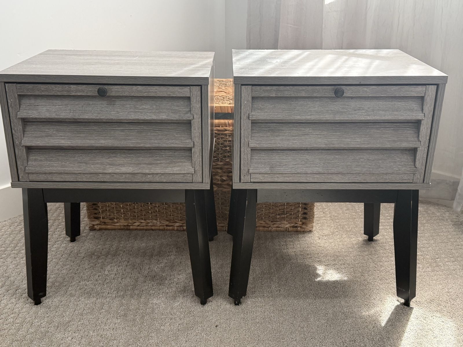 2 Rustic Gray Wood Grain Nightstands with Black Legs and Single Drawer