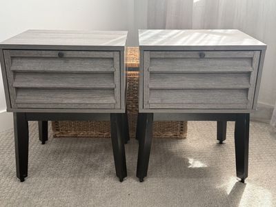 2 Rustic Gray Wood Grain Nightstands with Black Legs and Single Drawer