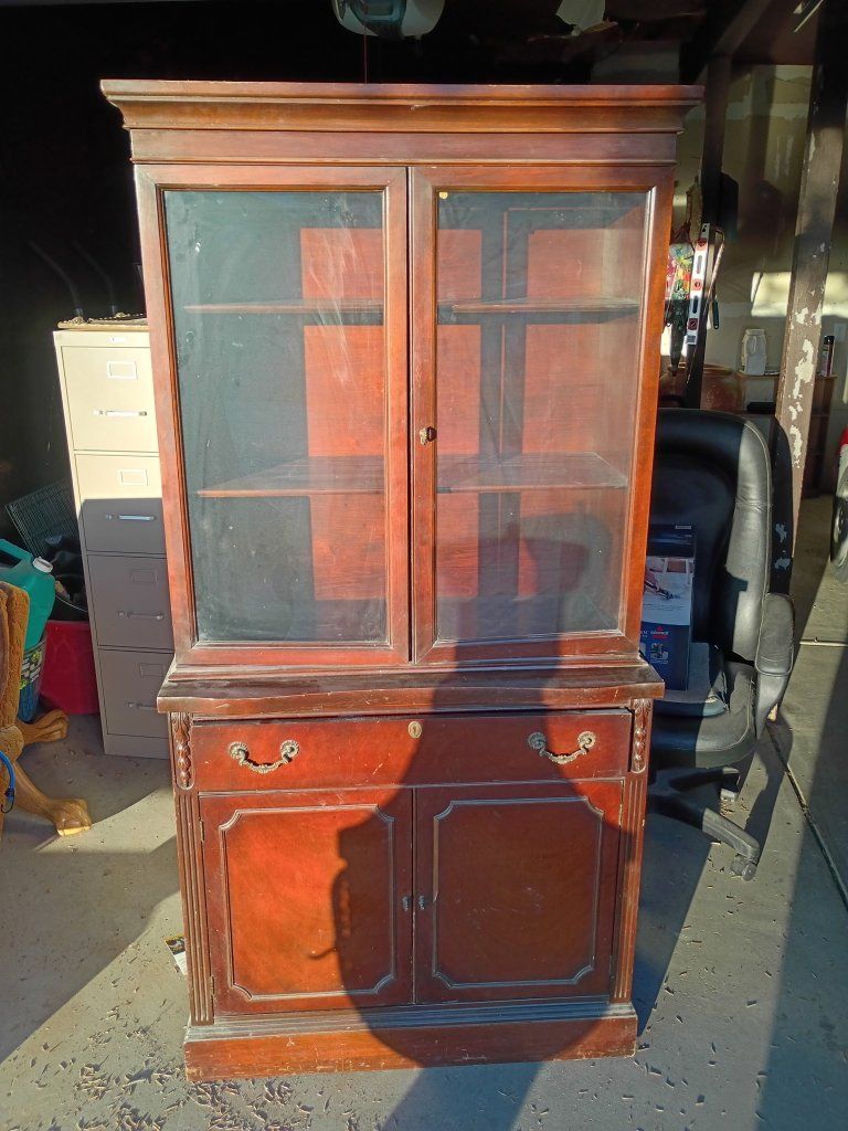 Vintage Wooden Curio Cabinet with Glass Doors & Storage - Dark Wood Finish