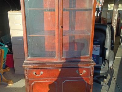 Vintage Wooden Curio Cabinet with Glass Doors & Storage - Dark Wood Finish