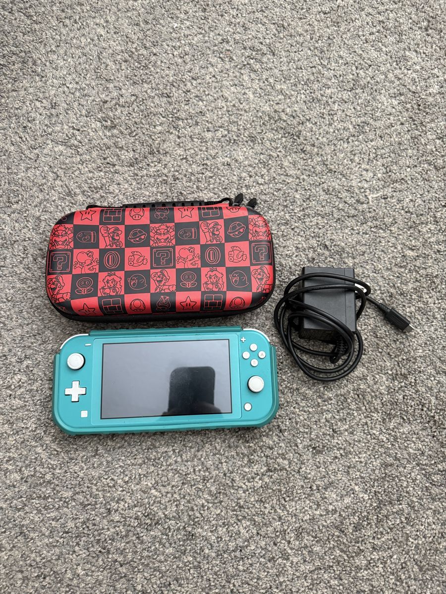 Nintendo Switch Lite Turquoise w/ Super Mario Travel Case & Charger - Excellent Condition