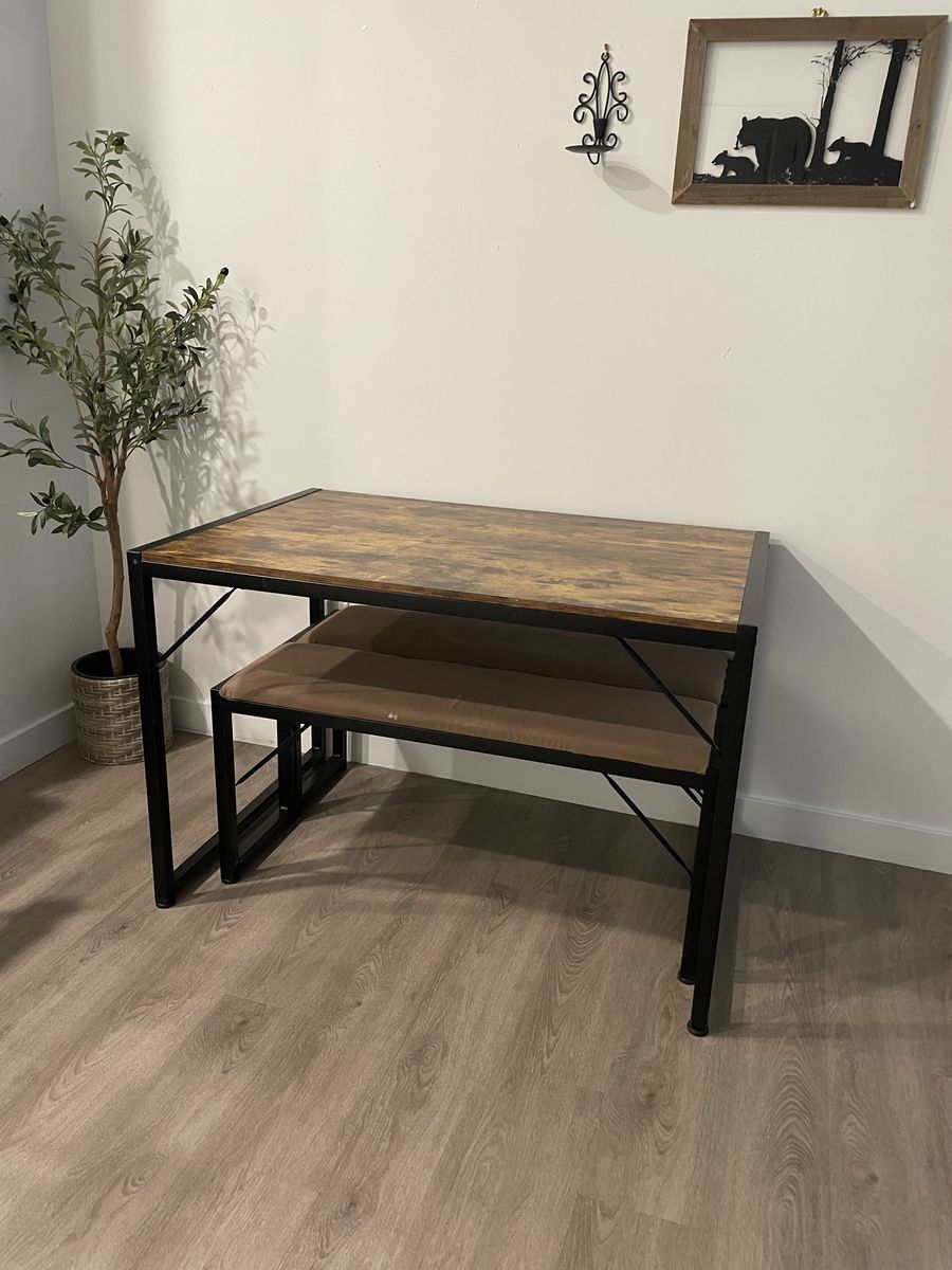 Compact Dining Table Set with Benches - Wood Grain Top & Black Metal Frame - Space Saving