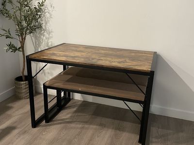 Compact Dining Table Set with Benches - Wood Grain Top & Black Metal Frame - Space Saving
