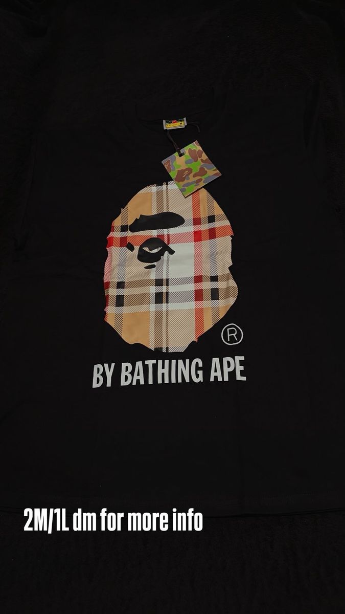 BAPE A Bathing Ape Men's Black Plaid Ape Head Logo Short Sleeve T-Shirt Size M/L