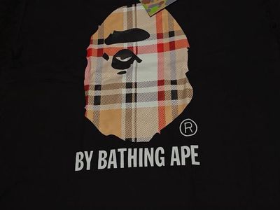 BAPE A Bathing Ape Men's Black Plaid Ape Head Logo Short Sleeve T-Shirt Size M/L
