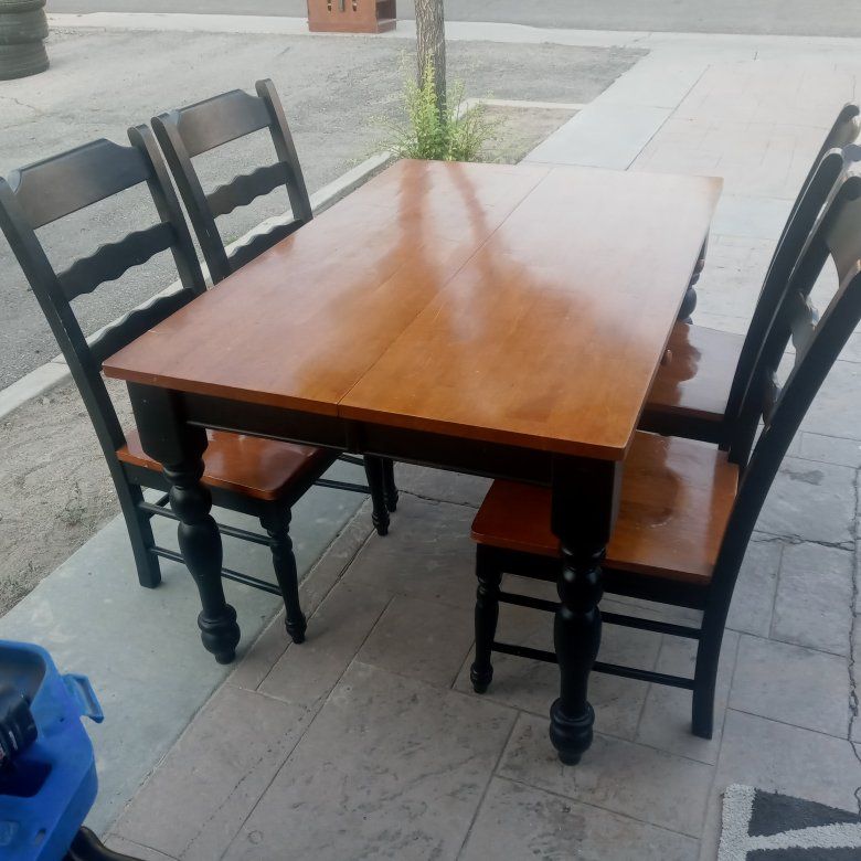 Farmhouse Style Dining Table & 4 Chairs - Wood & Black Finish, Drop-Leaf has extra leaf making it 6x6