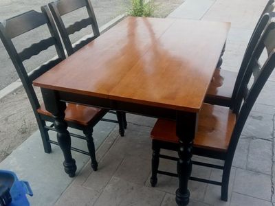 Farmhouse Style Dining Table & 4 Chairs - Wood & Black Finish, Drop-Leaf has extra leaf making it 6x6