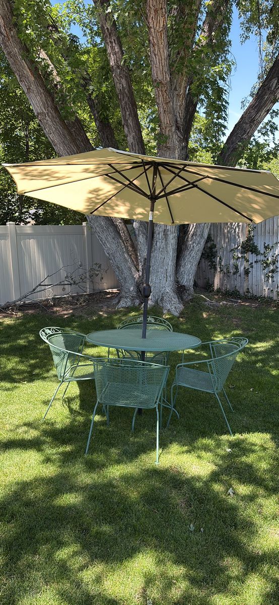 Beautiful Sage Patio Table and Chairs with Umbrella