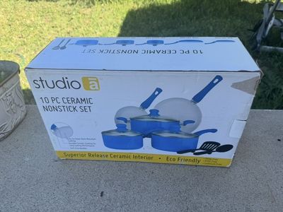 Studio A 10 PC Ceramic Nonstick Cookware Set - Blue, PFOA/PTFE/Cadmium Free, Soft Grip Handles