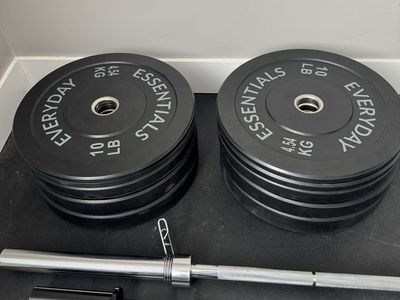 2 inch bumper plates with Olympic barbell and curl bar