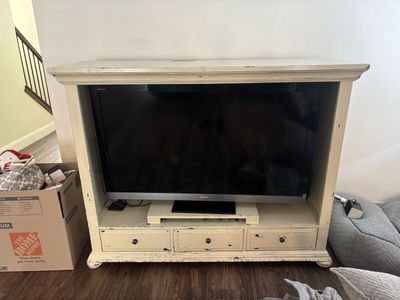 Distressed White Wood TV Stand Media Console with Storage Drawers